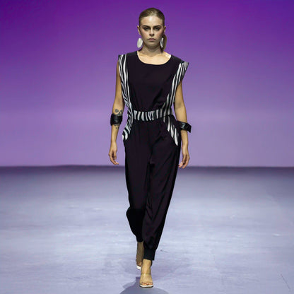 BEZOZ Black with Stripe Printed Contrast Jumpsuits & Rompers Leigh Schubert